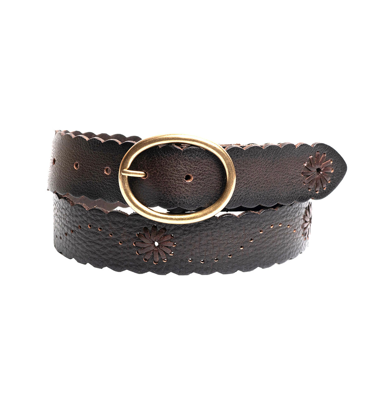 Women's 35mm Genuine Leather Scalloped Edge Belt, Dark Brown, hi-res image number 0